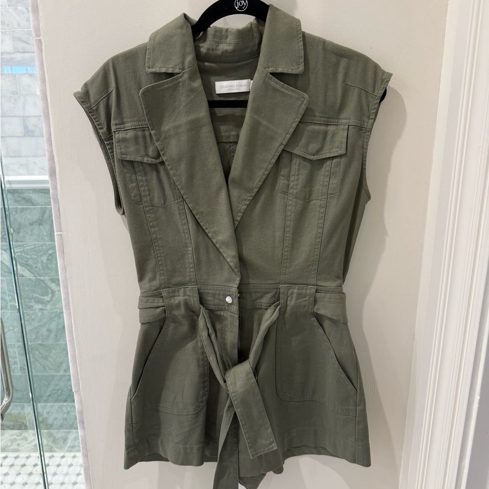 Jonathan Simkhai Olive Green Sleeveless Utility Romper with Tie Waist
